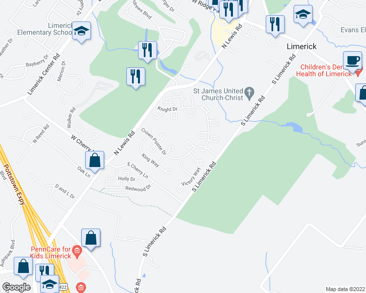 map of restaurants, bars, coffee shops, grocery stores, and more near 1207 Duchess Court in Royersford