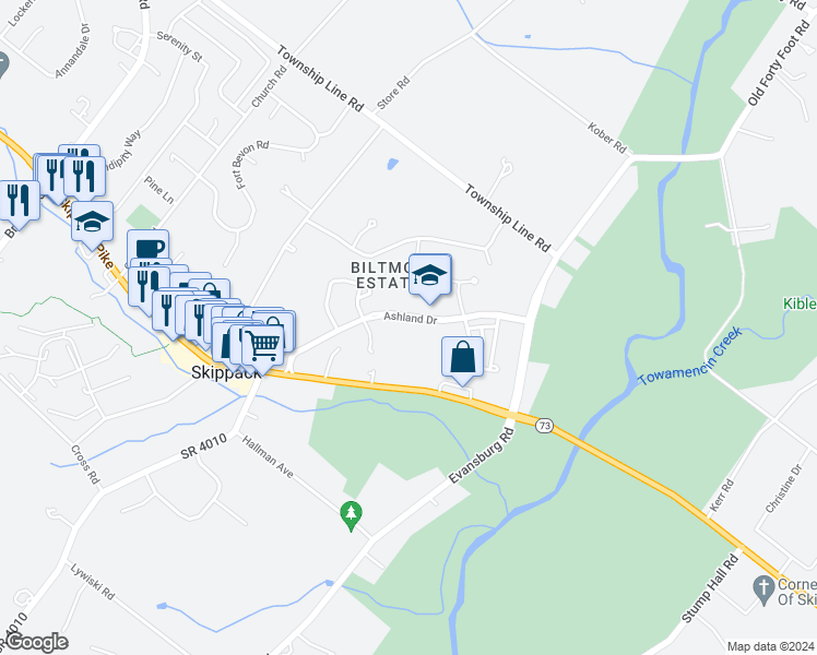 map of restaurants, bars, coffee shops, grocery stores, and more near 3940 Ashland Drive in Harleysville