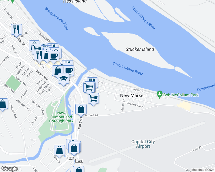 map of restaurants, bars, coffee shops, grocery stores, and more near 205 Umberto Street in New Cumberland