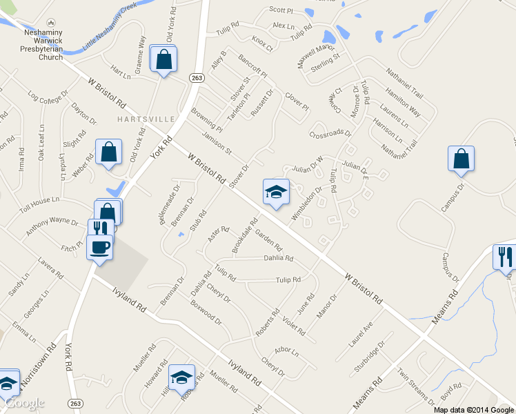 map of restaurants, bars, coffee shops, grocery stores, and more near 857 West Bristol Road in Warminster