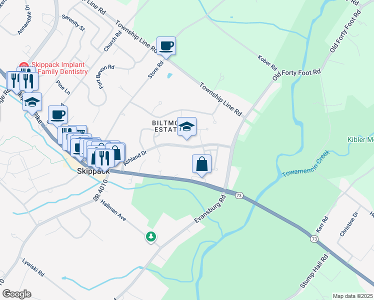 map of restaurants, bars, coffee shops, grocery stores, and more near 3920 Ashland Drive in Harleysville