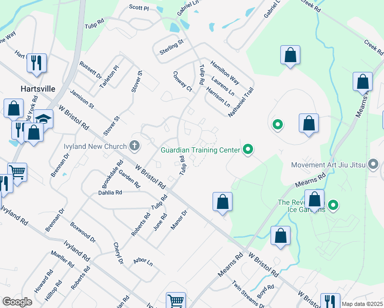 map of restaurants, bars, coffee shops, grocery stores, and more near 407 Summerhill Court in Warminster