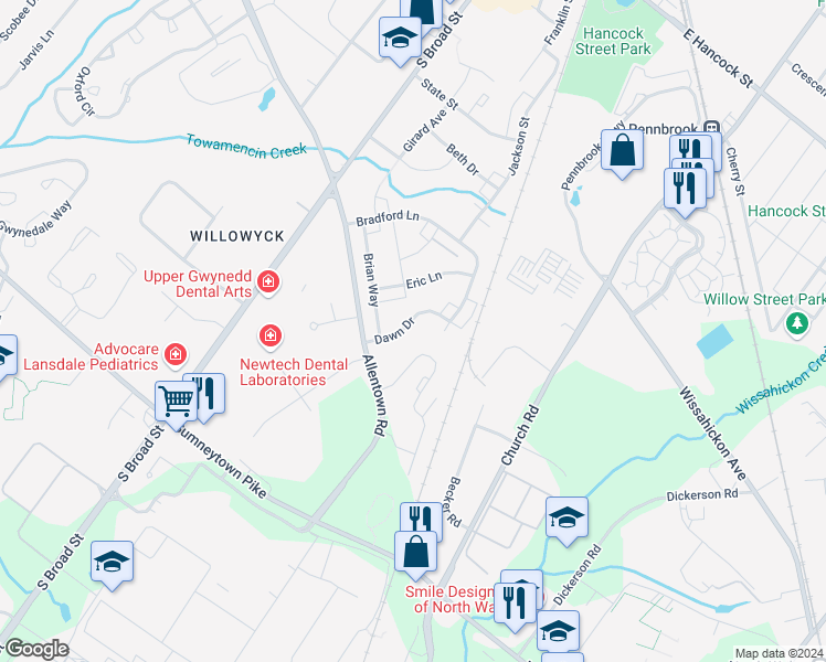 map of restaurants, bars, coffee shops, grocery stores, and more near 124 Dawn Drive in Lansdale