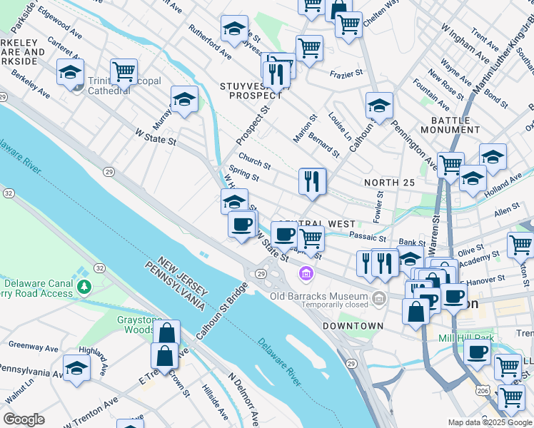 map of restaurants, bars, coffee shops, grocery stores, and more near 454 West Hanover Street in Trenton