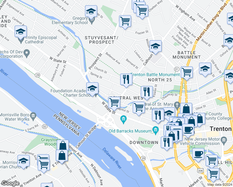 map of restaurants, bars, coffee shops, grocery stores, and more near 119 Passaic Street in Trenton