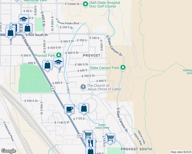 map of restaurants, bars, coffee shops, grocery stores, and more near 1412 East 700 South Street in Provo