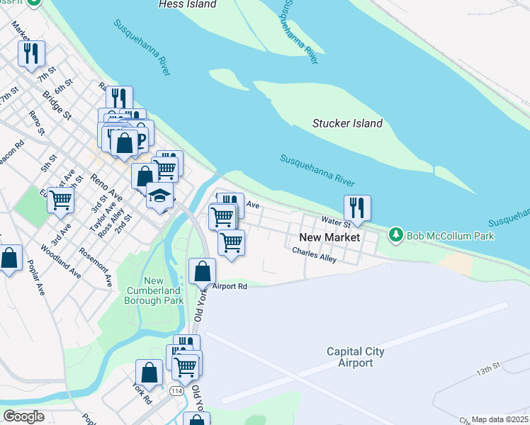 map of restaurants, bars, coffee shops, grocery stores, and more near 205 Umberto Street in New Cumberland