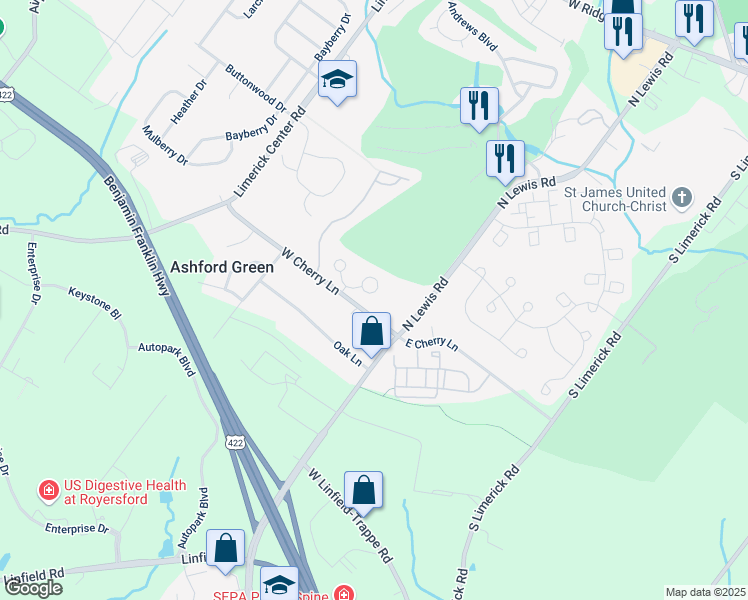 map of restaurants, bars, coffee shops, grocery stores, and more near 111 Winged Foot Court in Royersford
