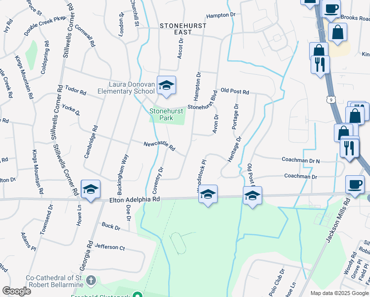 map of restaurants, bars, coffee shops, grocery stores, and more near 17 Newcastle Road in Freehold Township