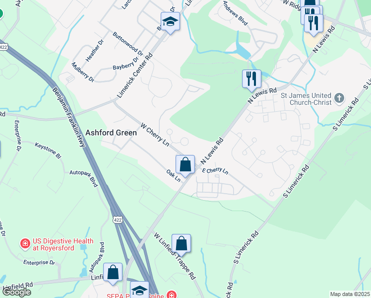 map of restaurants, bars, coffee shops, grocery stores, and more near 111 Winged Foot Court in Royersford