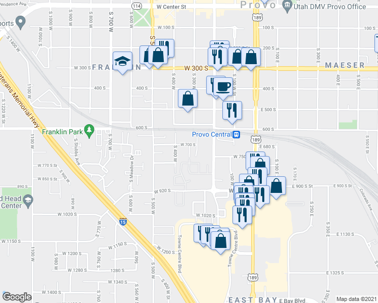 map of restaurants, bars, coffee shops, grocery stores, and more near 730 South 320 West in Provo