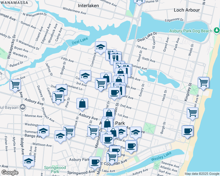 map of restaurants, bars, coffee shops, grocery stores, and more near 809 3rd Avenue in Asbury Park