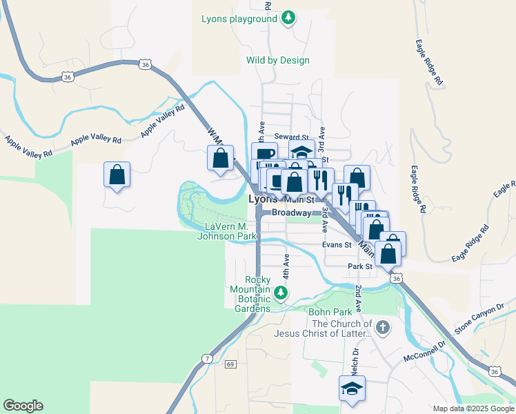 map of restaurants, bars, coffee shops, grocery stores, and more near in Lyons