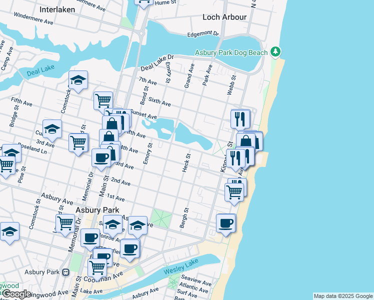 map of restaurants, bars, coffee shops, grocery stores, and more near 1209 Heck Street in Asbury Park