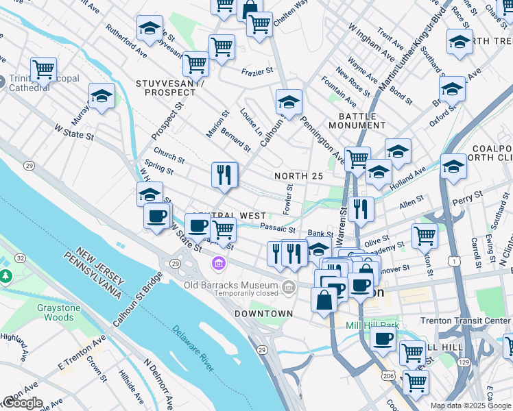 map of restaurants, bars, coffee shops, grocery stores, and more near 77 Spring Street in Trenton