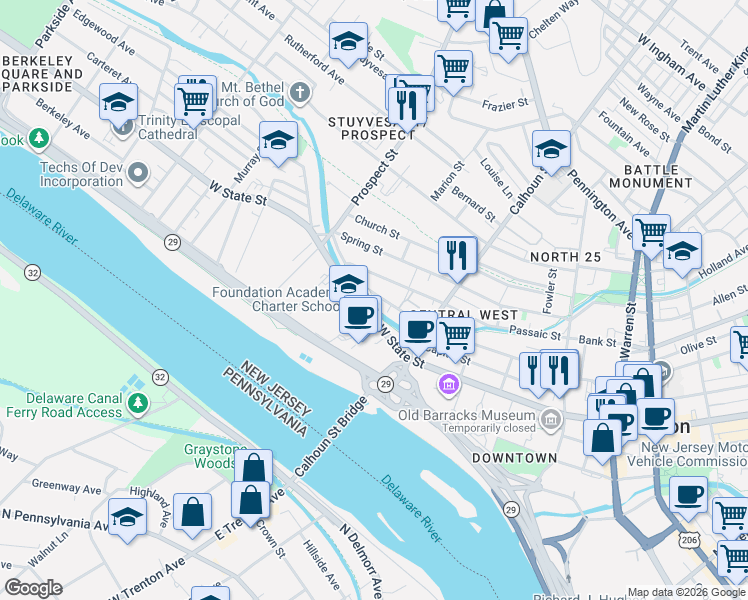 map of restaurants, bars, coffee shops, grocery stores, and more near in Trenton