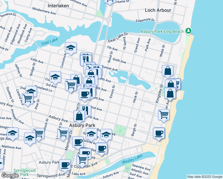 map of restaurants, bars, coffee shops, grocery stores, and more near 601 4th Avenue in Asbury Park