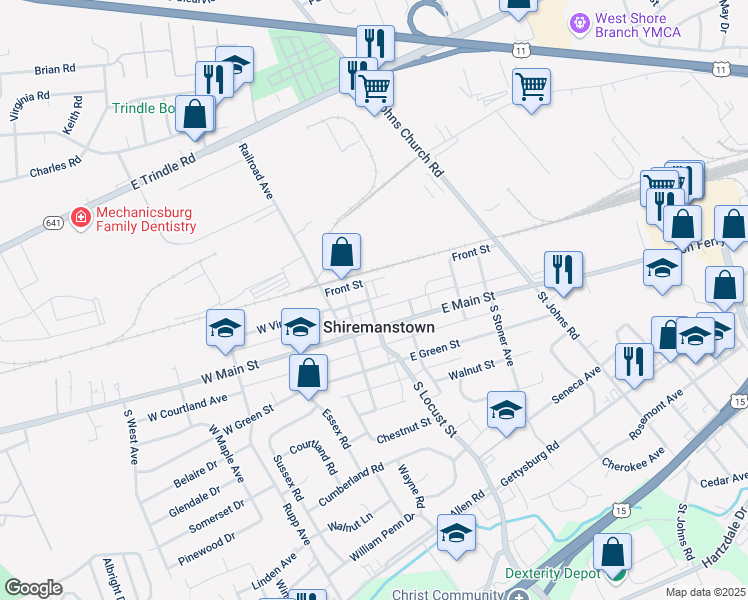 map of restaurants, bars, coffee shops, grocery stores, and more near 24 North Locust Street in Shiremanstown