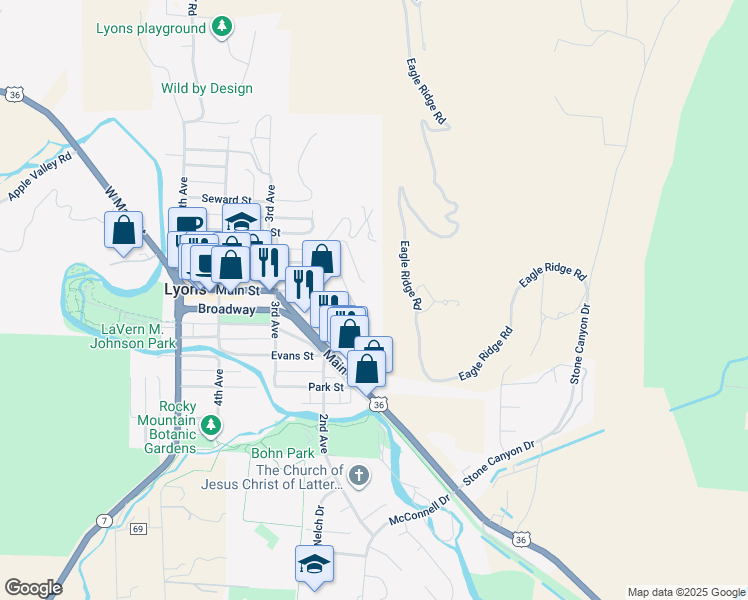 map of restaurants, bars, coffee shops, grocery stores, and more near 621 1st Avenue in Lyons