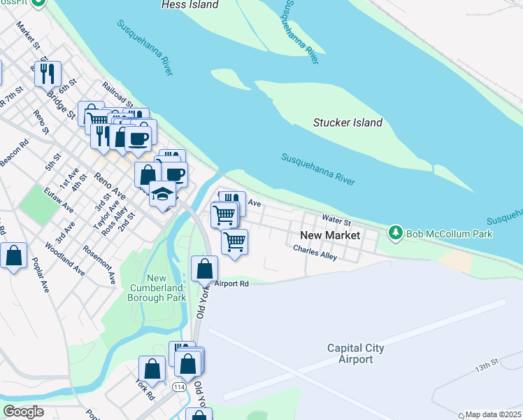 map of restaurants, bars, coffee shops, grocery stores, and more near in New Cumberland