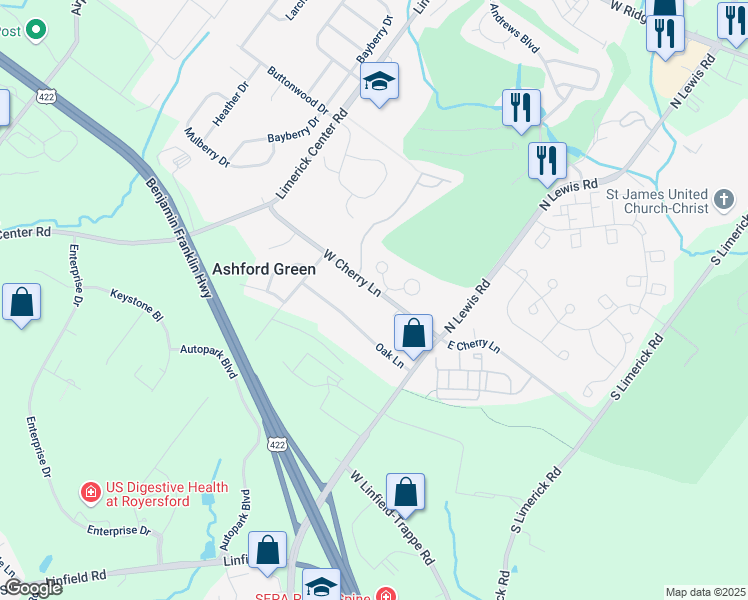 map of restaurants, bars, coffee shops, grocery stores, and more near 33 West Cherry Lane in Royersford