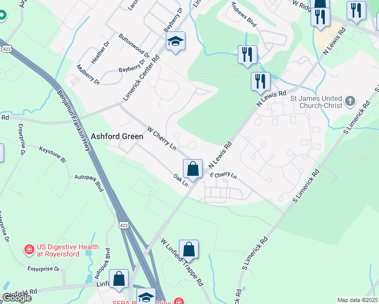 map of restaurants, bars, coffee shops, grocery stores, and more near 107 Winged Foot Court in Royersford