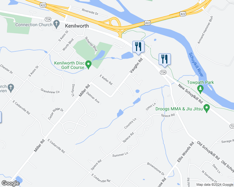 map of restaurants, bars, coffee shops, grocery stores, and more near 864 Vaughn Road in Pottstown