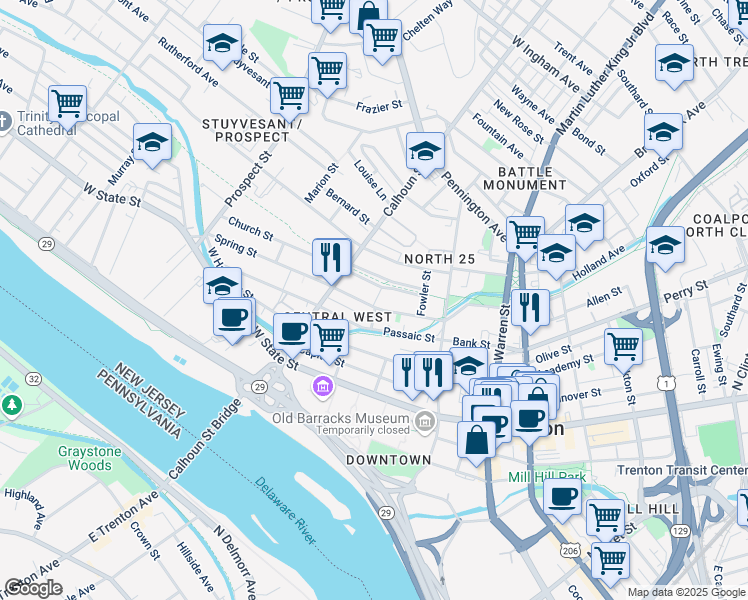 map of restaurants, bars, coffee shops, grocery stores, and more near 77 Spring Street in Trenton