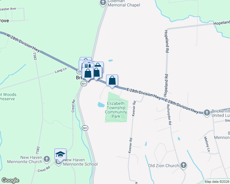 map of restaurants, bars, coffee shops, grocery stores, and more near 110 East 28th Division Highway in Lititz