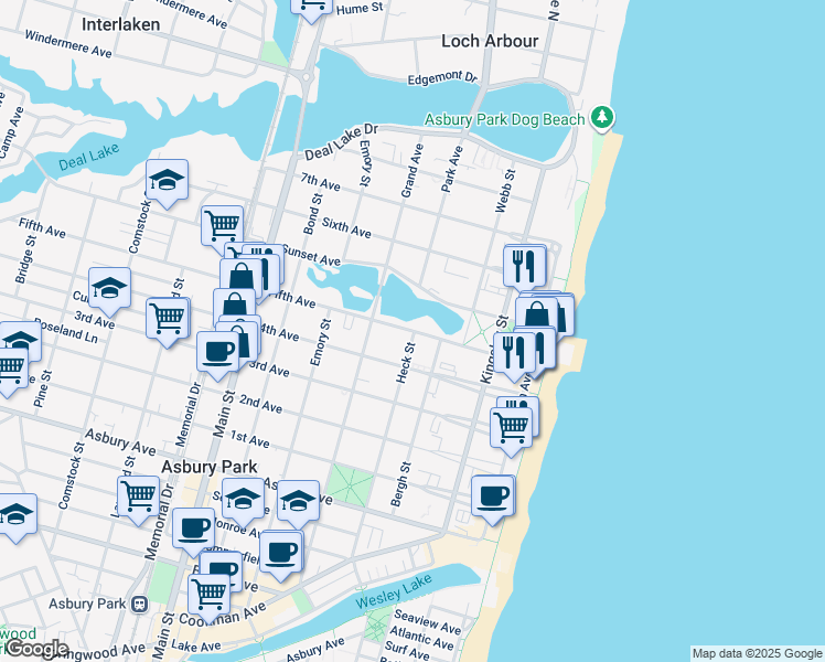 map of restaurants, bars, coffee shops, grocery stores, and more near 1209 Heck Street in Asbury Park