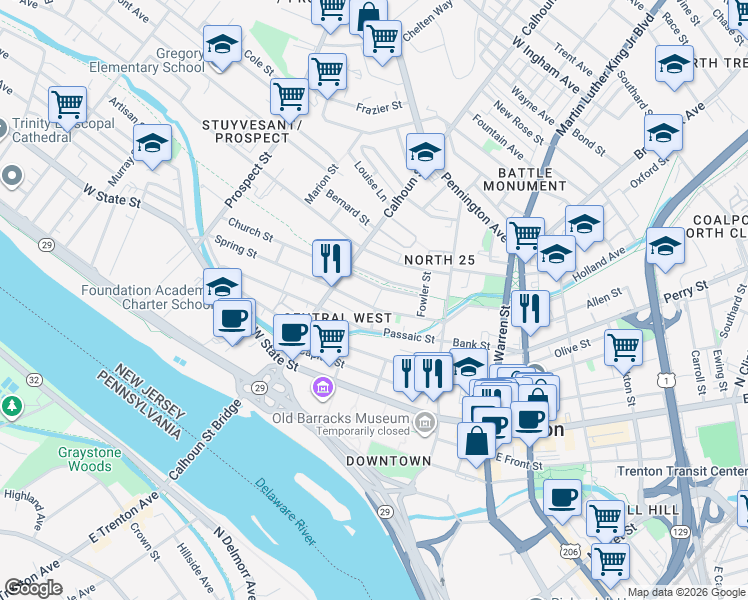 map of restaurants, bars, coffee shops, grocery stores, and more near 77 Spring Street in Trenton