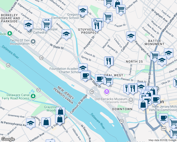 map of restaurants, bars, coffee shops, grocery stores, and more near in Trenton