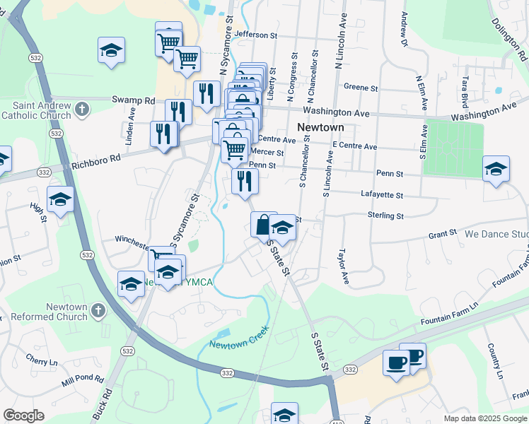 map of restaurants, bars, coffee shops, grocery stores, and more near 11 Sterling Street in Newtown