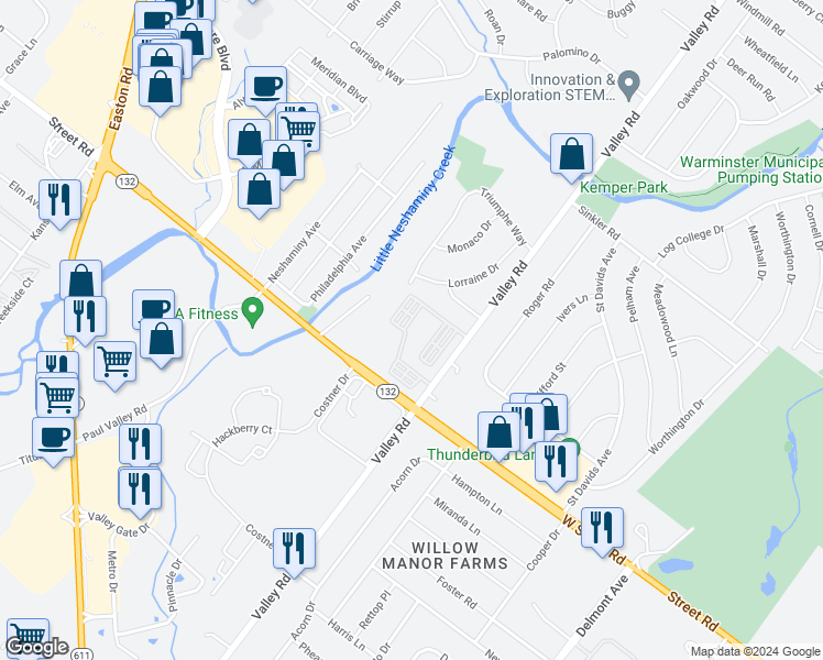 map of restaurants, bars, coffee shops, grocery stores, and more near Valley Road in Warminster
