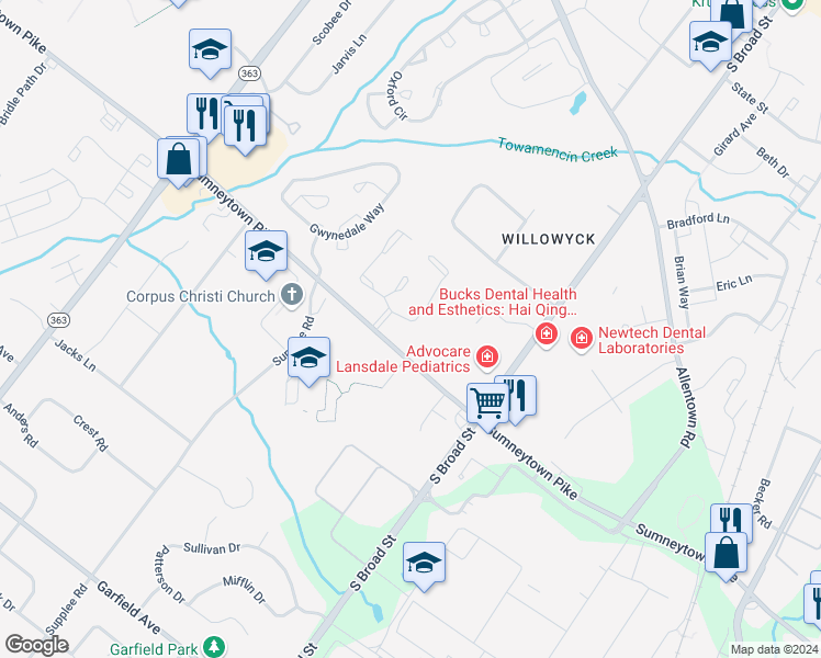 map of restaurants, bars, coffee shops, grocery stores, and more near 881 Sumneytown Pike in Lansdale