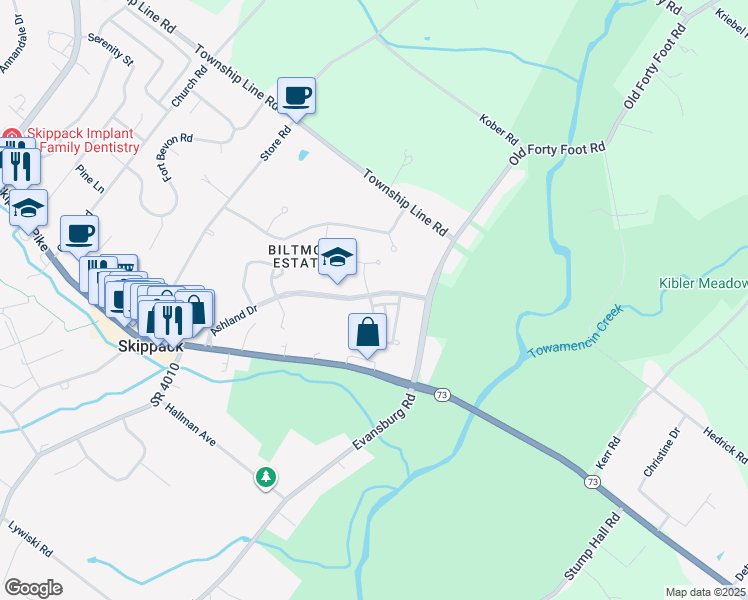 map of restaurants, bars, coffee shops, grocery stores, and more near 2003 Danbury Way in Harleysville