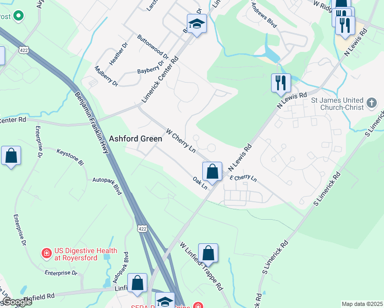 map of restaurants, bars, coffee shops, grocery stores, and more near 33 West Cherry Lane in Royersford