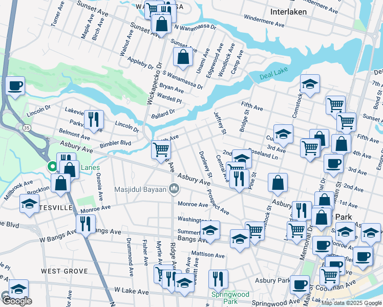 map of restaurants, bars, coffee shops, grocery stores, and more near 818 Drummond Avenue in Asbury Park