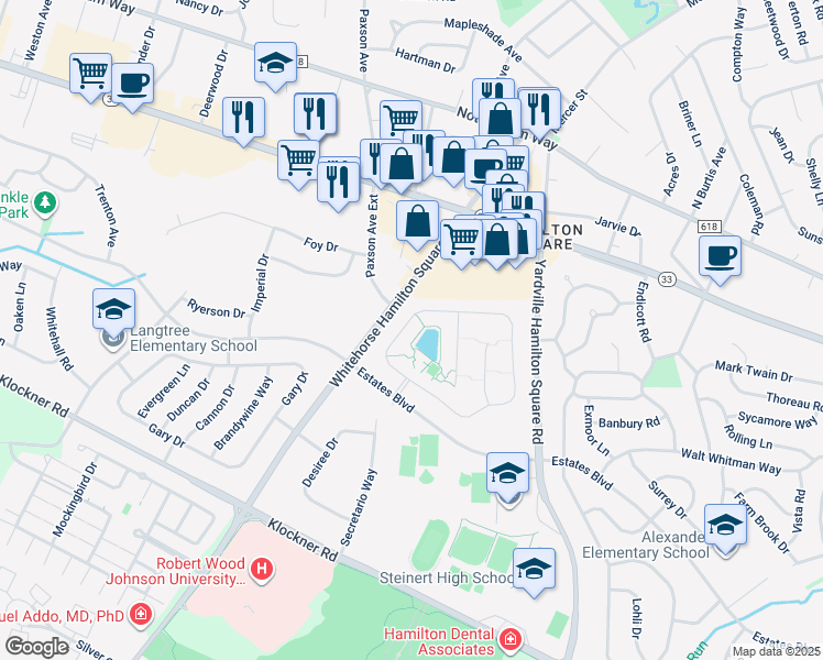 map of restaurants, bars, coffee shops, grocery stores, and more near 46 Sparrow Drive in Hamilton Township
