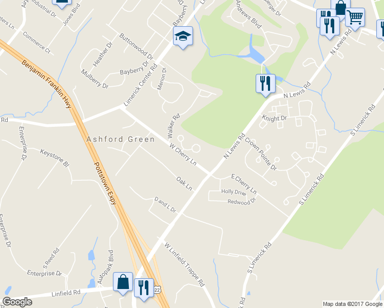 map of restaurants, bars, coffee shops, grocery stores, and more near 105 Winged Foot Court in Royersford