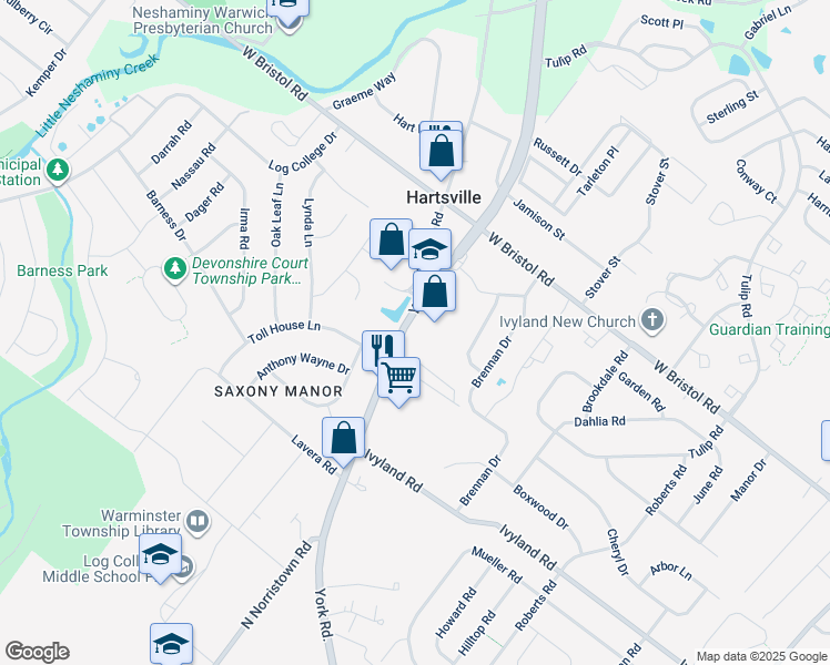 map of restaurants, bars, coffee shops, grocery stores, and more near 1175 Pennsylvania 263 in Warminster