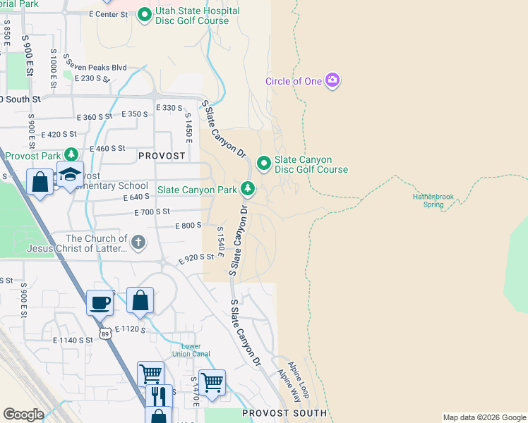 map of restaurants, bars, coffee shops, grocery stores, and more near 759 South Aspen Place in Provo