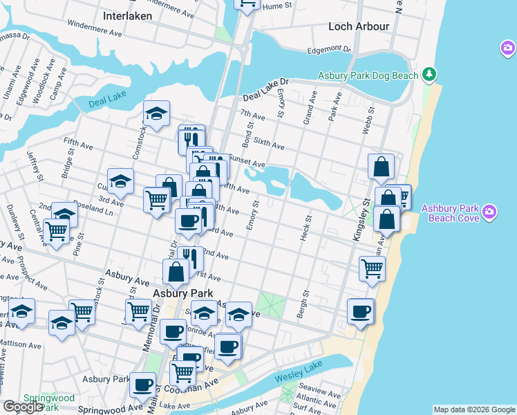 map of restaurants, bars, coffee shops, grocery stores, and more near 511 4th Avenue in Asbury Park