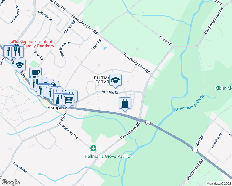 map of restaurants, bars, coffee shops, grocery stores, and more near 3855 Ashland Drive in Harleysville
