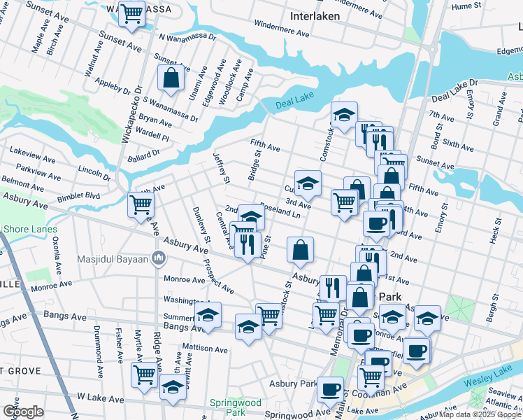 map of restaurants, bars, coffee shops, grocery stores, and more near 1220 2nd Avenue in Asbury Park