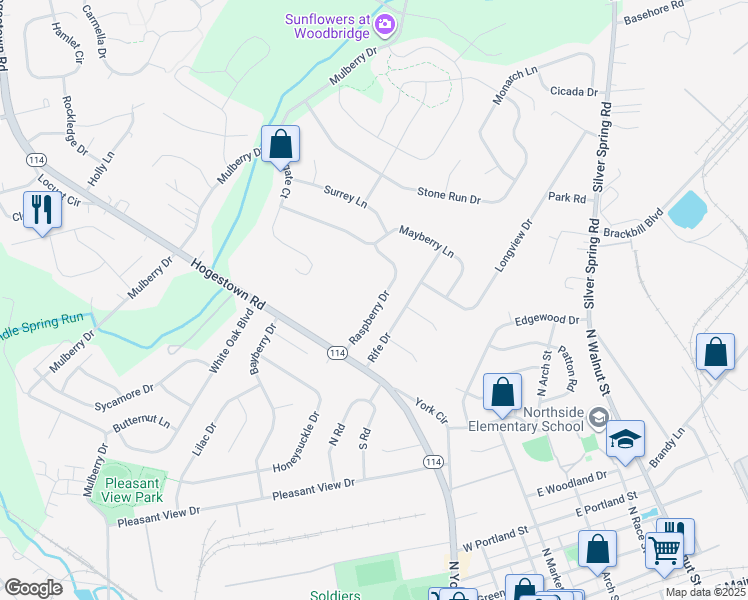 map of restaurants, bars, coffee shops, grocery stores, and more near 12 Raspberry Drive in Mechanicsburg