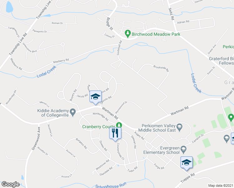 map of restaurants, bars, coffee shops, grocery stores, and more near 118 Lincoln Road in Collegeville