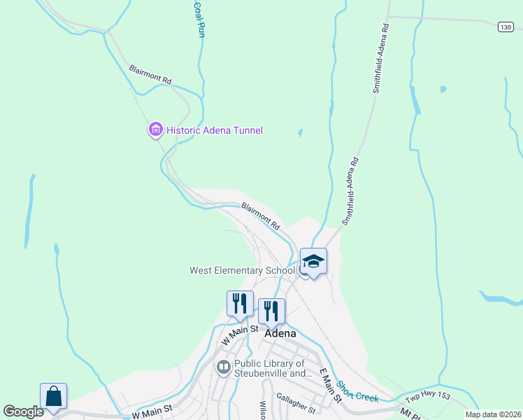 map of restaurants, bars, coffee shops, grocery stores, and more near 273 Blairmont Road in Adena