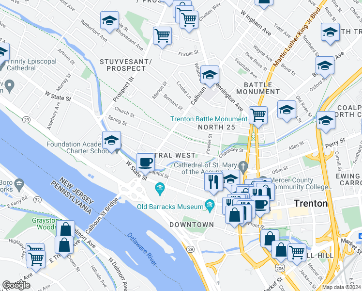 map of restaurants, bars, coffee shops, grocery stores, and more near 102 Spring Street in Trenton