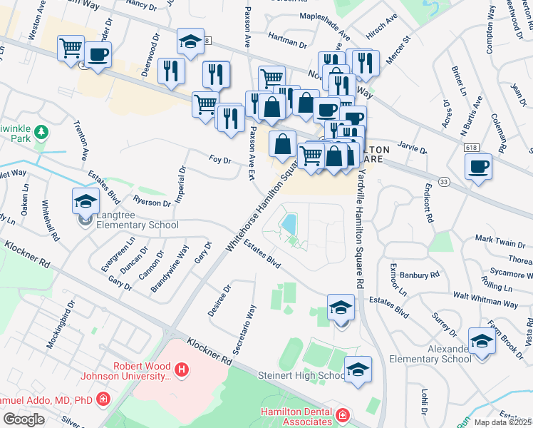 map of restaurants, bars, coffee shops, grocery stores, and more near 36 Sparrow Drive in Hamilton Township